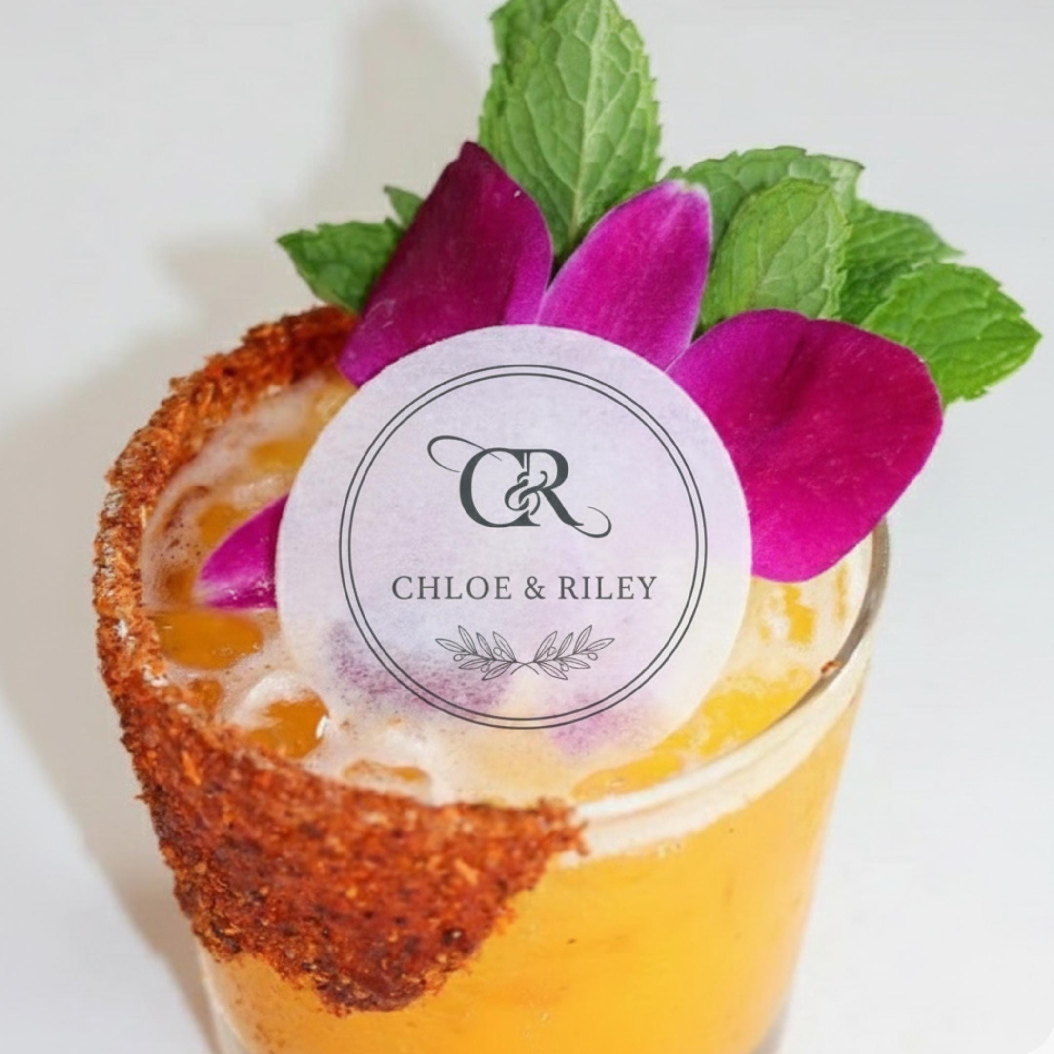 Custom wedding drink topper by SugarPrints with edible wafer paper, monogram name, perfect for cocktails and party decorations