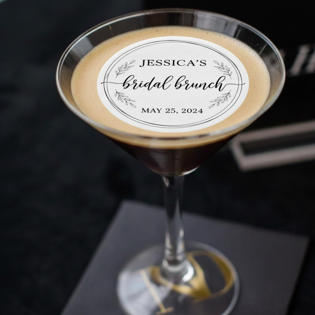 Bridal brunch drink topper. Wedding drink with a round edible wafer topper floating on latte foam.