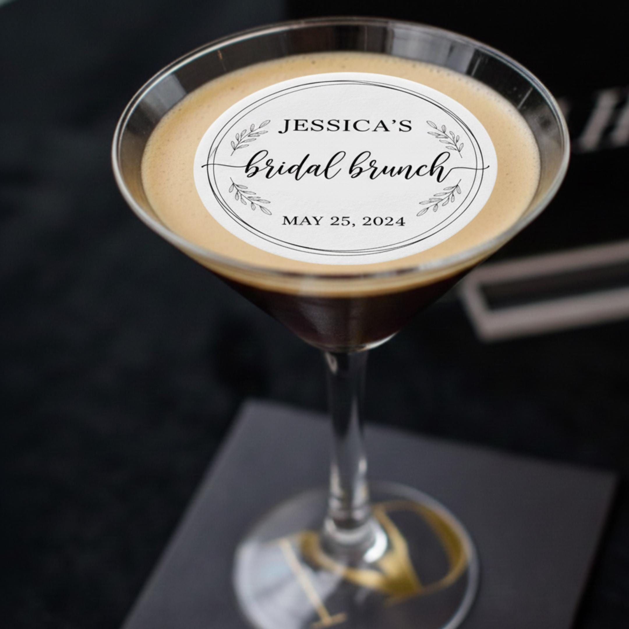 Bridal brunch drink topper. Wedding drink with a round edible wafer topper floating on latte foam.