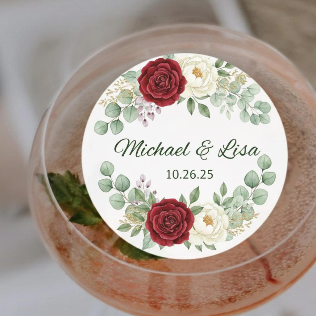 Floral wedding drink topper by SugarPrints by Alexis, edible wafer paper circle with names and date for signature cocktails.