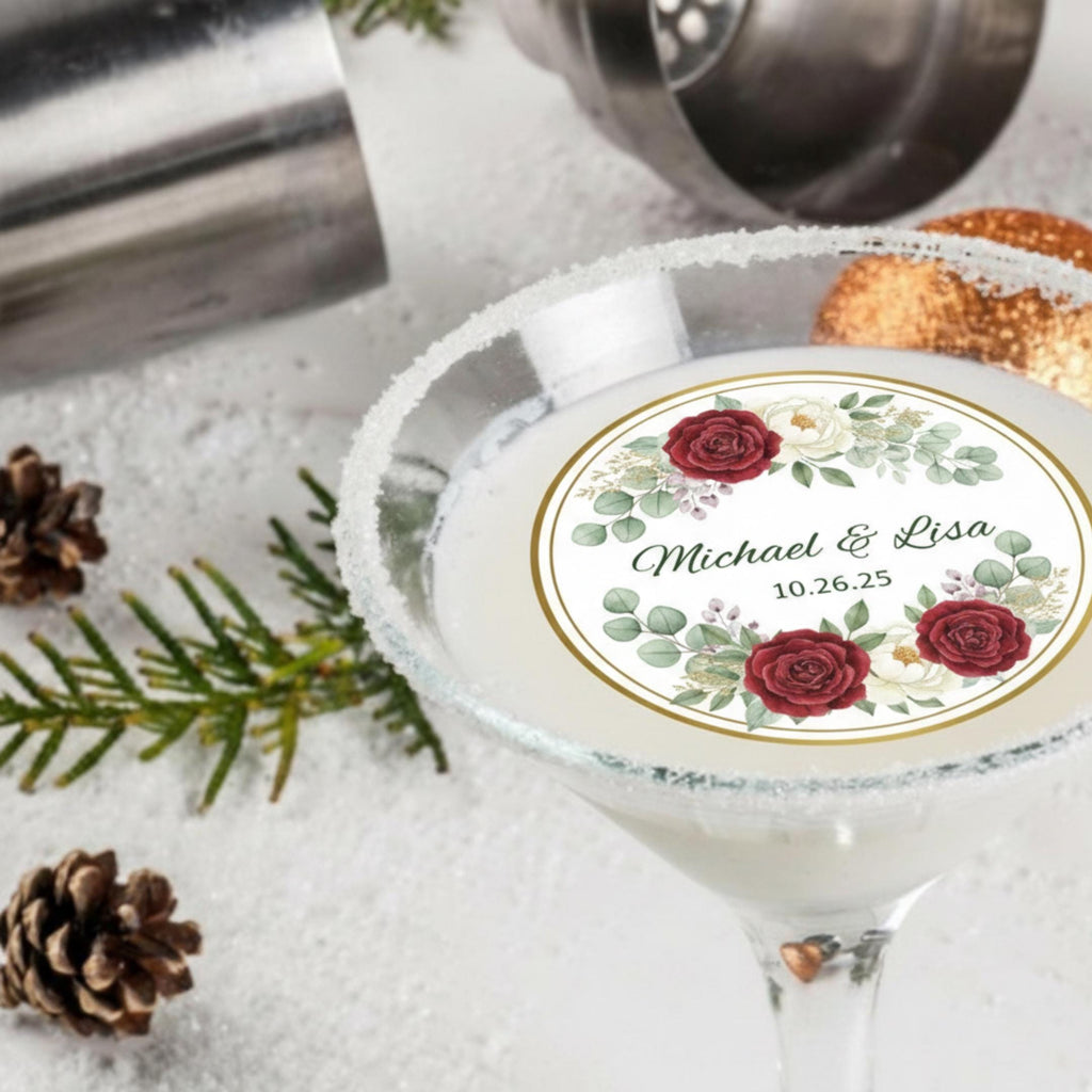 Floral wedding drink topper by SugarPrints, edible wafer paper circle with names and date for signature cocktails.