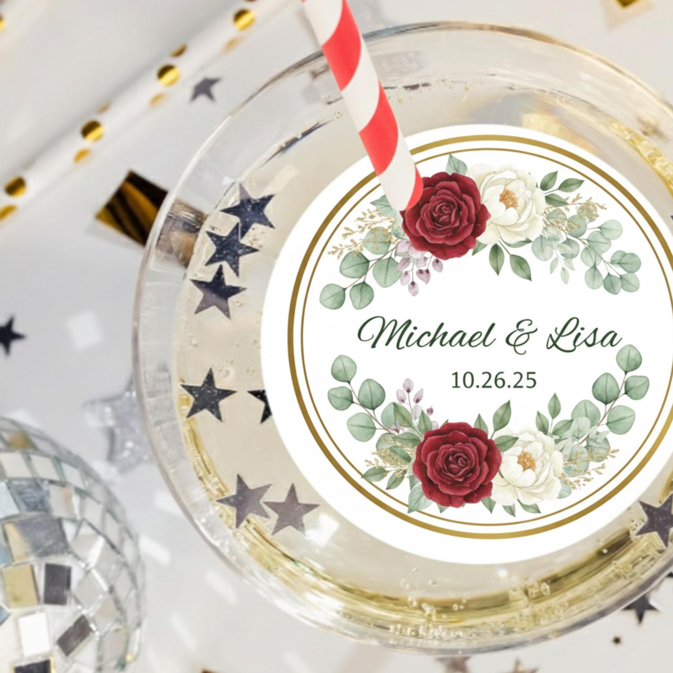 Floral wedding drink topper by SugarPrints featuring edible wafer paper circles with names and date for signature cocktails.
