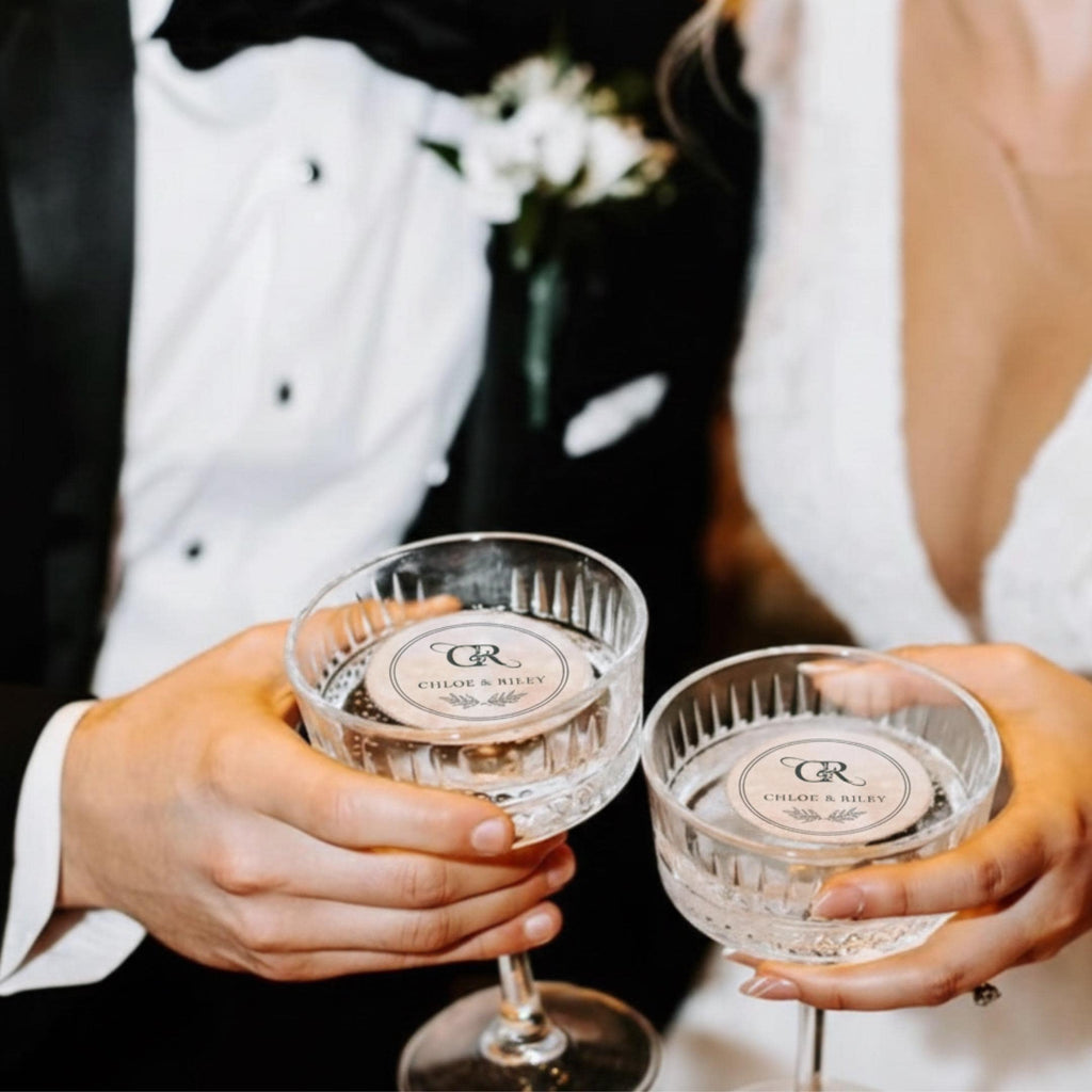 Custom wedding drink topper by SugarPrints featuring personalized initials on edible wafer paper for cocktails.