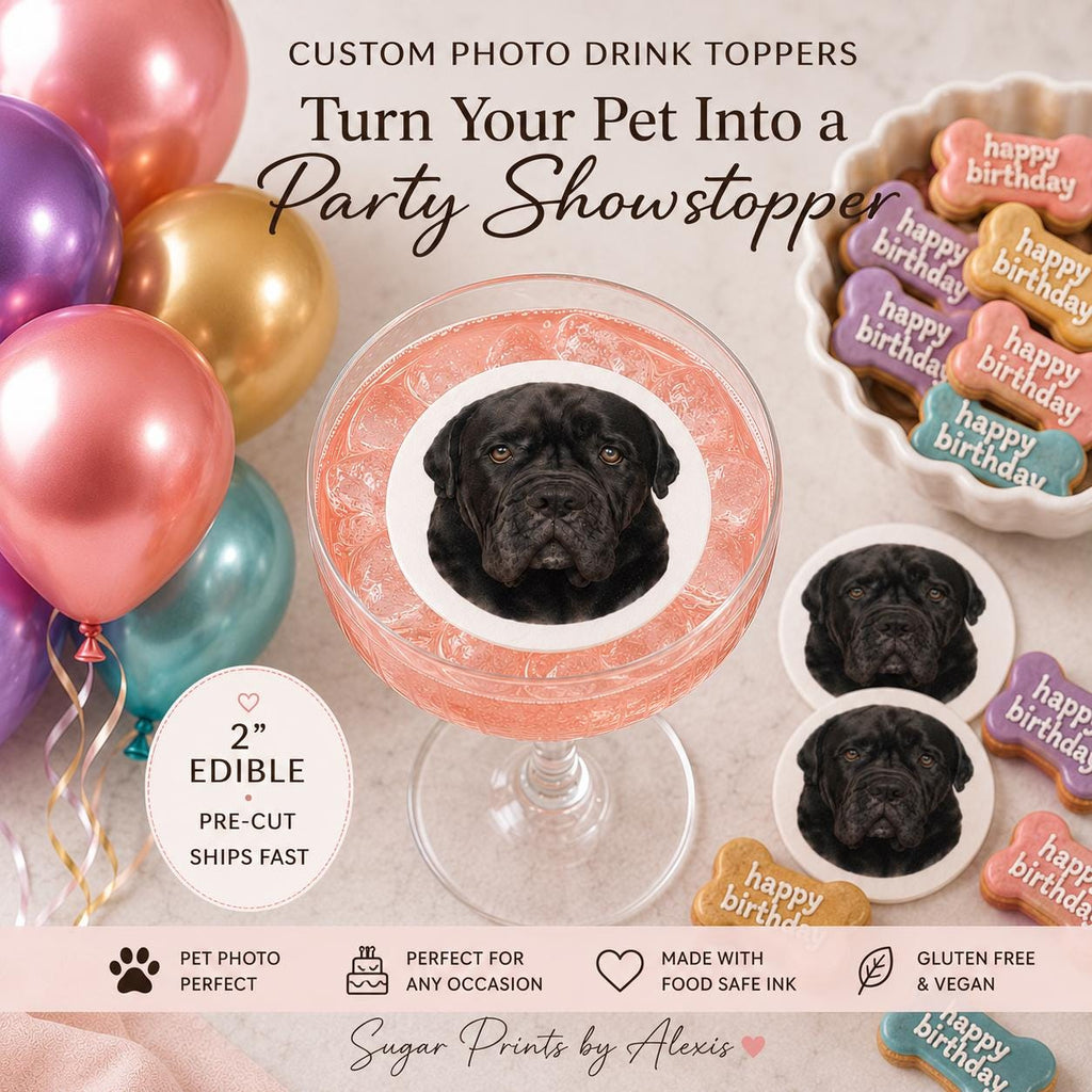 Custom edible pet drink toppers shaped like your dog or cat, printed on wafer paper with food-safe edible ink. Perfect for birthdays, pet-themed parties, and special celebrations, these toppers float on cocktails, coffee, hot chocolate, or other beverages. Each topper features a clear, vibrant photo of your pet with a clean white halo edge, adding a personalized, playful, and memorable touch to drinks while keeping them safe and vegan-friendly!