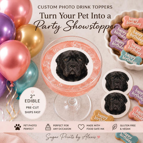 Set of 24 edible wafer paper drink toppers featuring custom dog and cat pet photos for birthday party decorations.