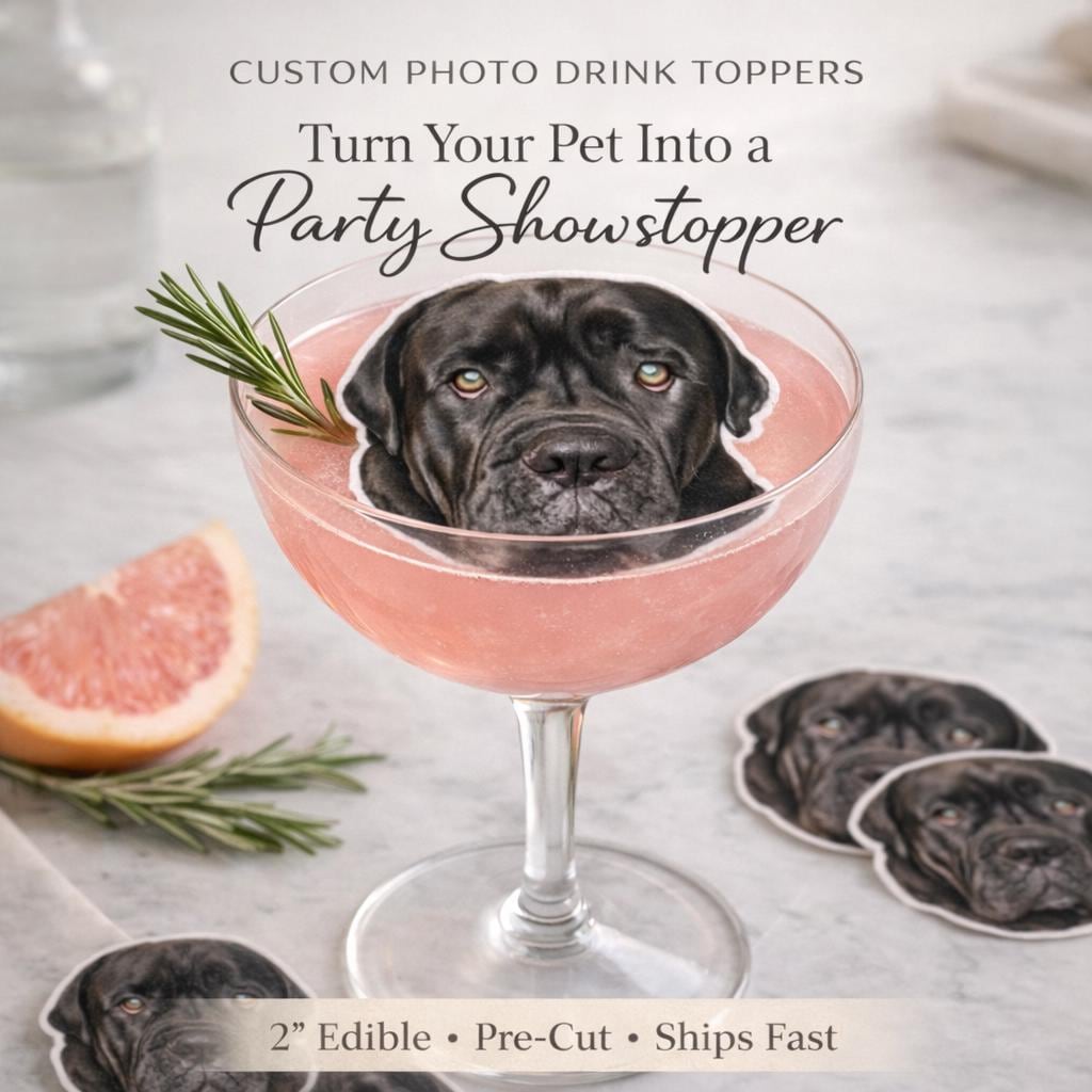 Custom edible pet drink toppers shaped like your dog or cat, printed on wafer paper with food-safe edible ink. Perfect for birthdays, pet-themed parties, and special celebrations, these toppers float on cocktails, coffee, hot chocolate, or other beverages. Each topper features a clear, vibrant photo of your pet with a clean white halo edge, adding a personalized, playful, and memorable touch to drinks while keeping them safe and vegan-friendly!