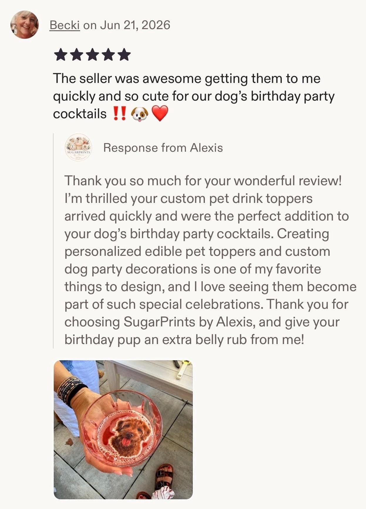 SugarPrints by Alexis 5-Star Product review for edible Pet Birthday Party Custom Drink Toppers