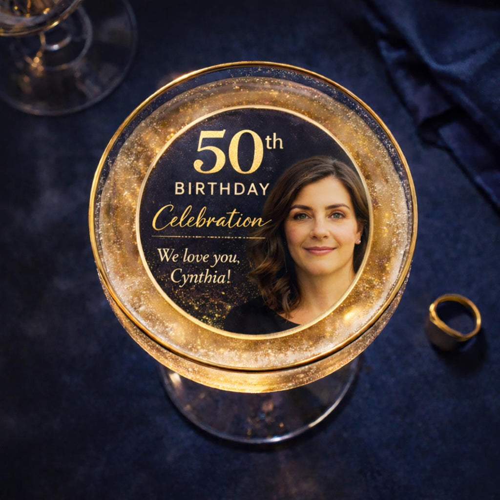 Set of 24 custom 50th birthday edible wafer paper drink toppers with photo design, perfect for cocktails and celebrations.