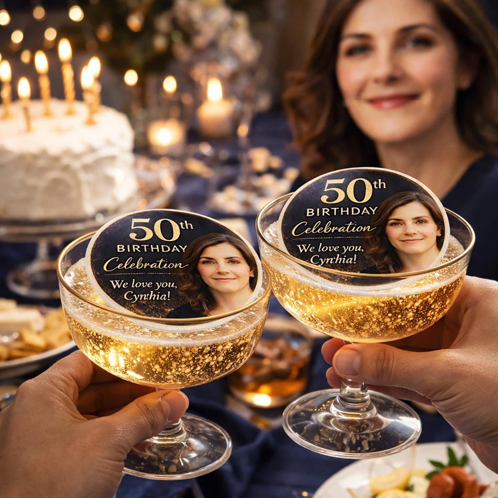 Set of 24 edible wafer paper drink toppers featuring custom 50th birthday photos, perfect for cocktails and celebrations.