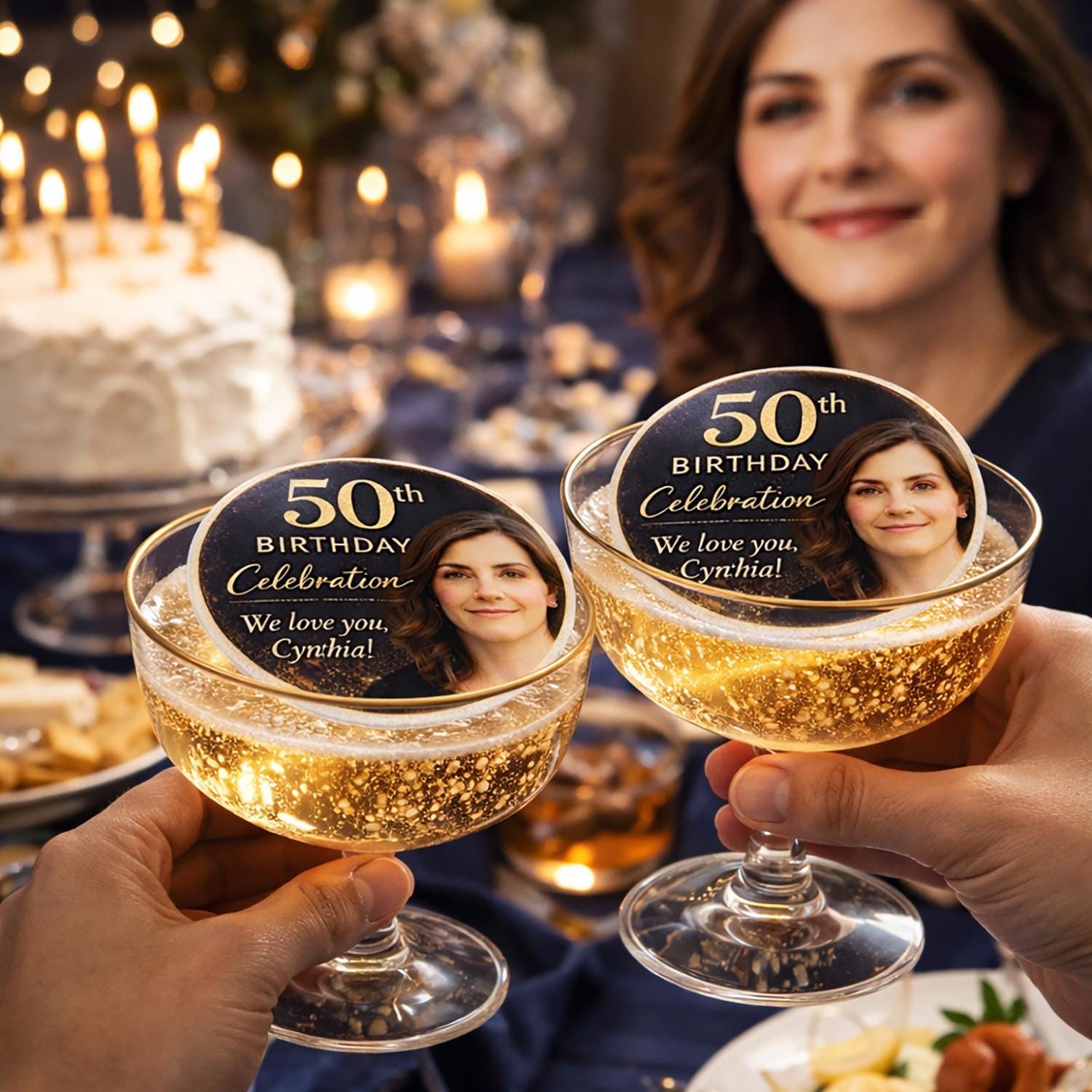 Set of 24 edible wafer paper drink toppers featuring custom 50th birthday photos, perfect for cocktails and celebrations.