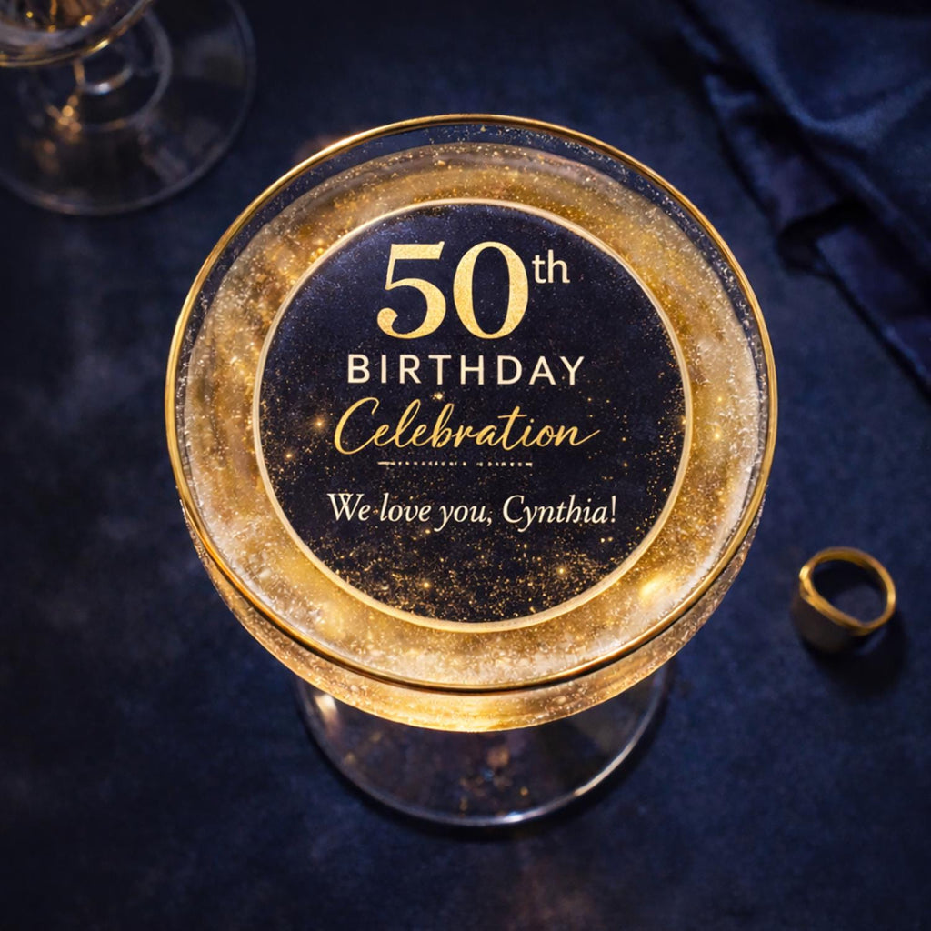 Custom 50th birthday edible wafer paper drink toppers with photo design, set of 24 cocktail circles by SugarPrints by Alexis.