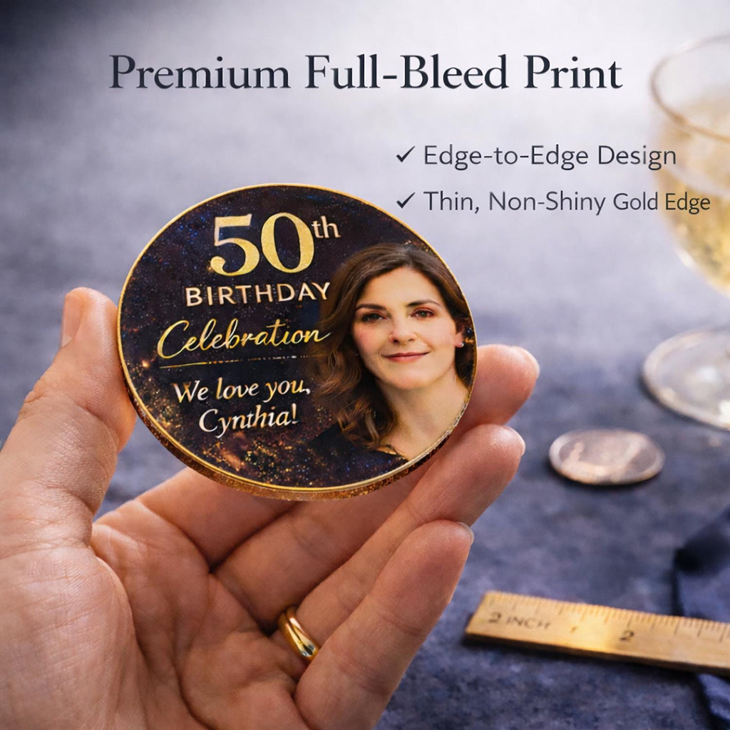 Set of 24 edible wafer paper drink toppers featuring custom 50th birthday photos, perfect for cocktails and celebration drinks.