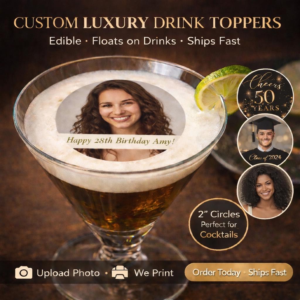 Set of 24 custom edible wafer photo drink toppers by SugarPrints for birthday party cocktails and floating beverage decor.