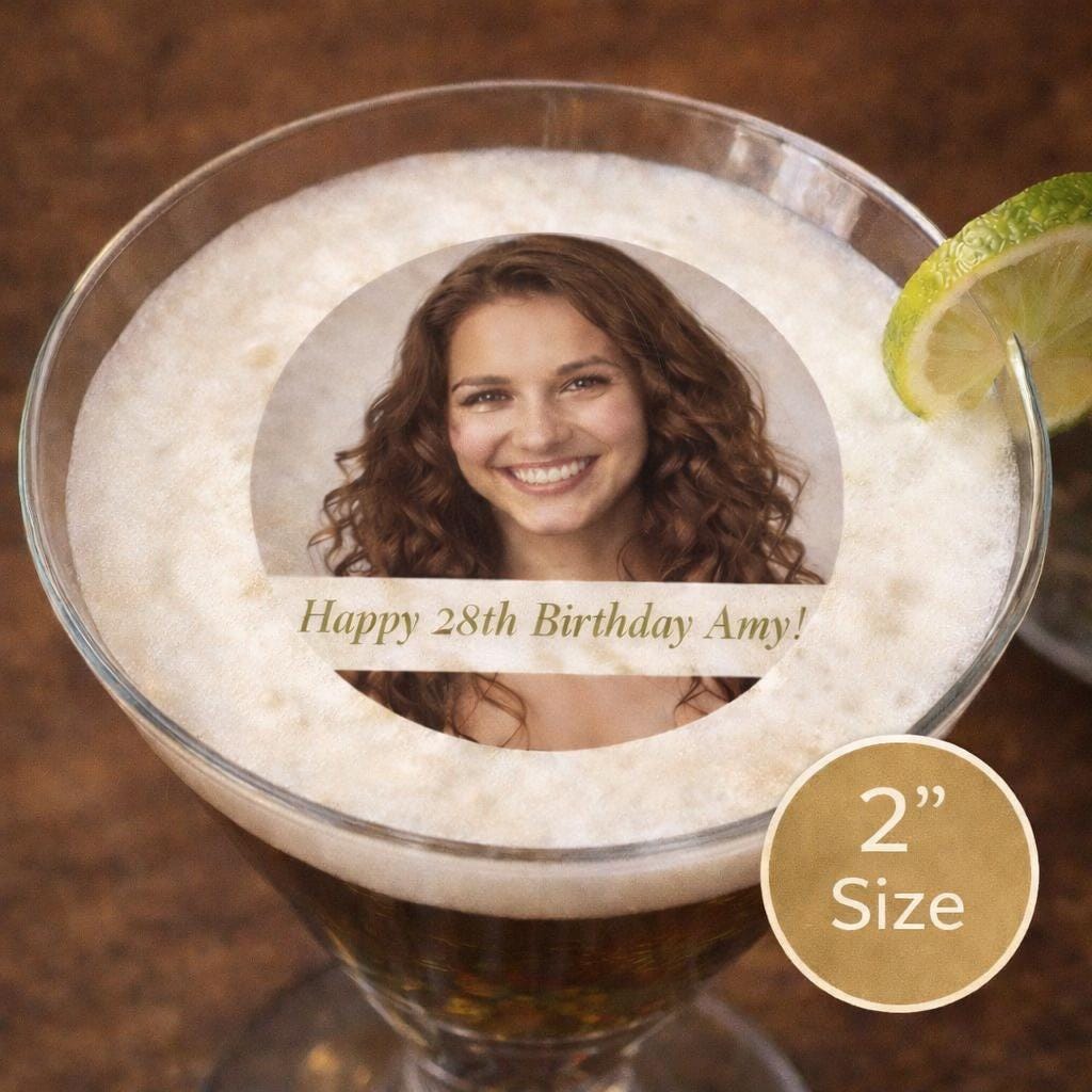 Set of 24 custom edible wafer photo drink toppers by SugarPrints for birthday party cocktails and floating beverage decor.