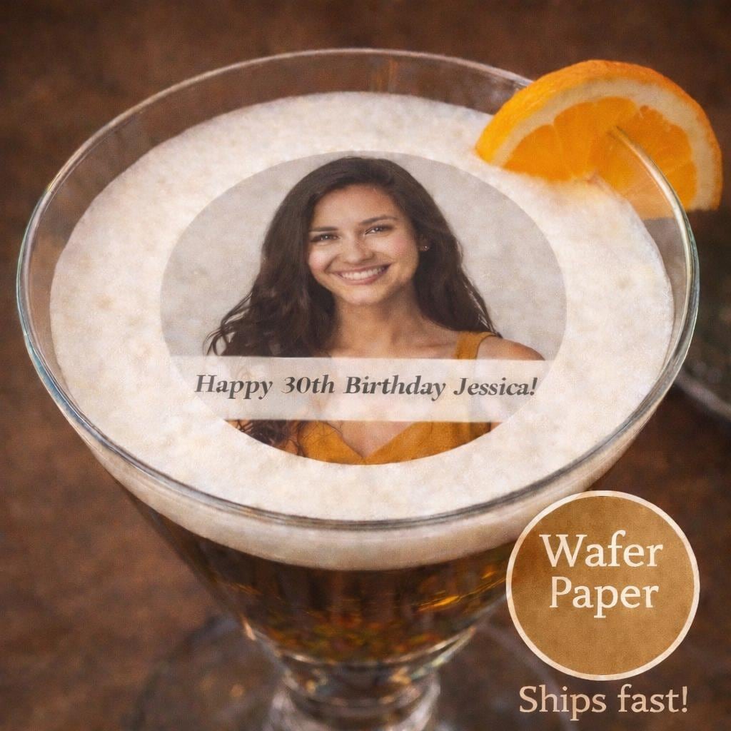 Set of 24 custom edible wafer circle drink toppers by SugarPrints for birthday party cocktails and floating beverage decor.