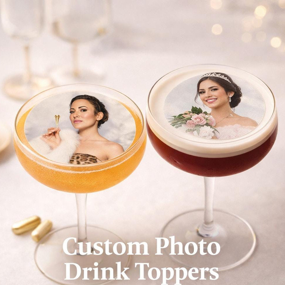Personalized edible wafer paper drink toppers by SugarPrints by Alexis, featuring custom photos for birthdays and weddings.