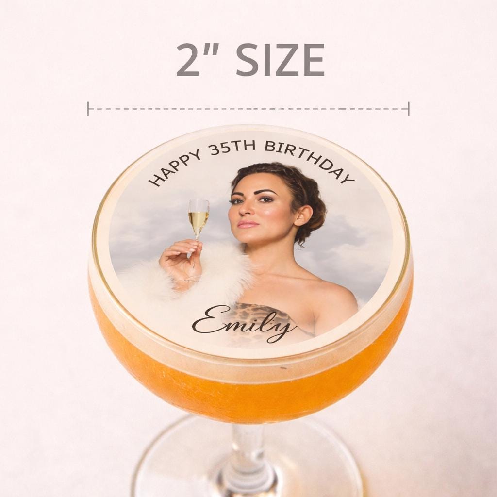 Set of 24 personalized edible wafer paper drink toppers by SugarPrints for birthdays and weddings, featuring custom photo designs.