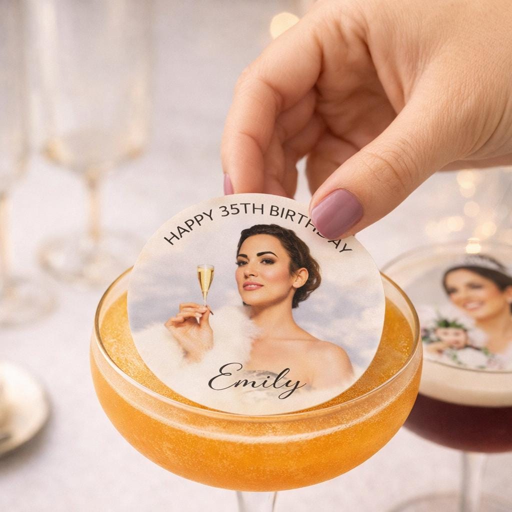 Set of 24 personalized edible wafer paper drink toppers with custom photos for birthdays and weddings by SugarPrints by Alexis
