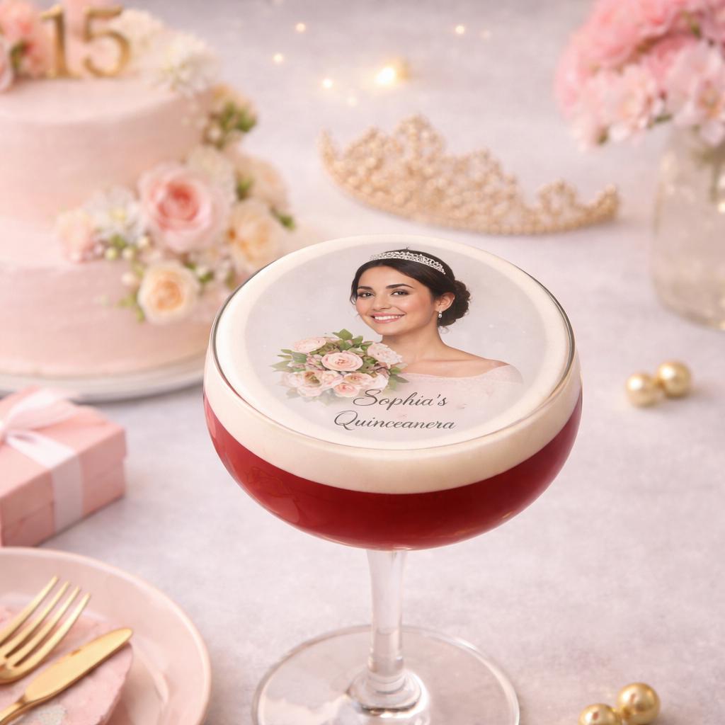 Set of 24 personalized edible wafer paper drink toppers by SugarPrints for birthdays and weddings, featuring custom photo designs.