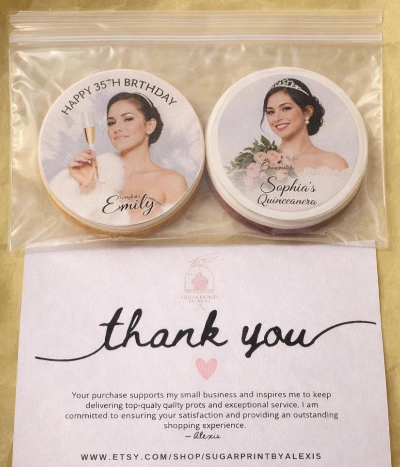 Set of 24 personalized edible wafer paper drink toppers by SugarPrints for birthdays and weddings, featuring custom photos.